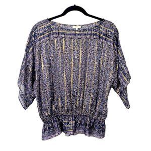 Joie sheer purple and gold floral summer short sleeve boho top size small